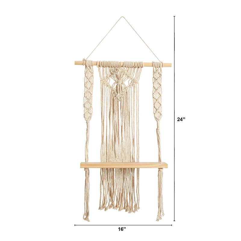 24" Boho Chic Wood Macrame Single Shelf Woven Diamond Wall Art Décor