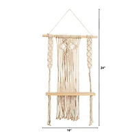 24" Boho Chic Wood Macrame Single Shelf Woven Diamond Wall Art Décor