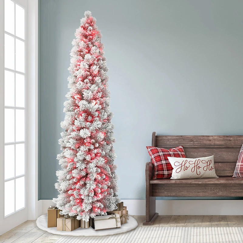7.5ft. Pre-Lit Flocked Portland Pine Artificial Pencil Christmas Tree, Pink Lights