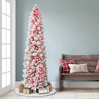 7.5ft. Pre-Lit Flocked Portland Pine Artificial Pencil Christmas Tree, Pink Lights
