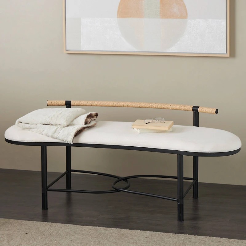60.25" White Fabric Abstract Upholstered Oval Home Bench with Black Metal Frame & Rope Rod Backrest