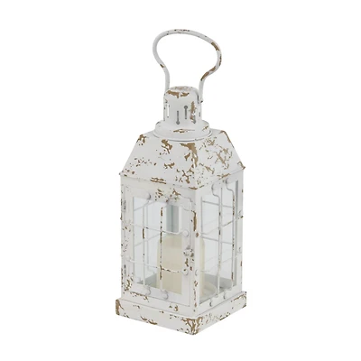 White Iron Vintage Candle Holder Lantern, 14" x 7" x 7"