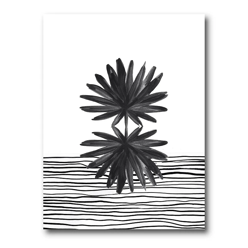 Designart - Black and White Tropical Leaf On Striped II