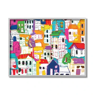 Stupell Industries Colorful Abstract Geometric Town Pattern with Gray Frame