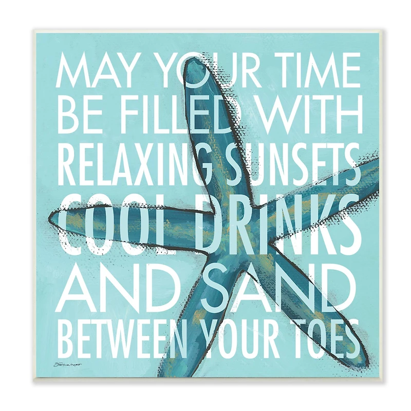 Stupell Industries Sunsets Cool Drinks Sand Beach Phrase Blue Starfish,12" x 12"