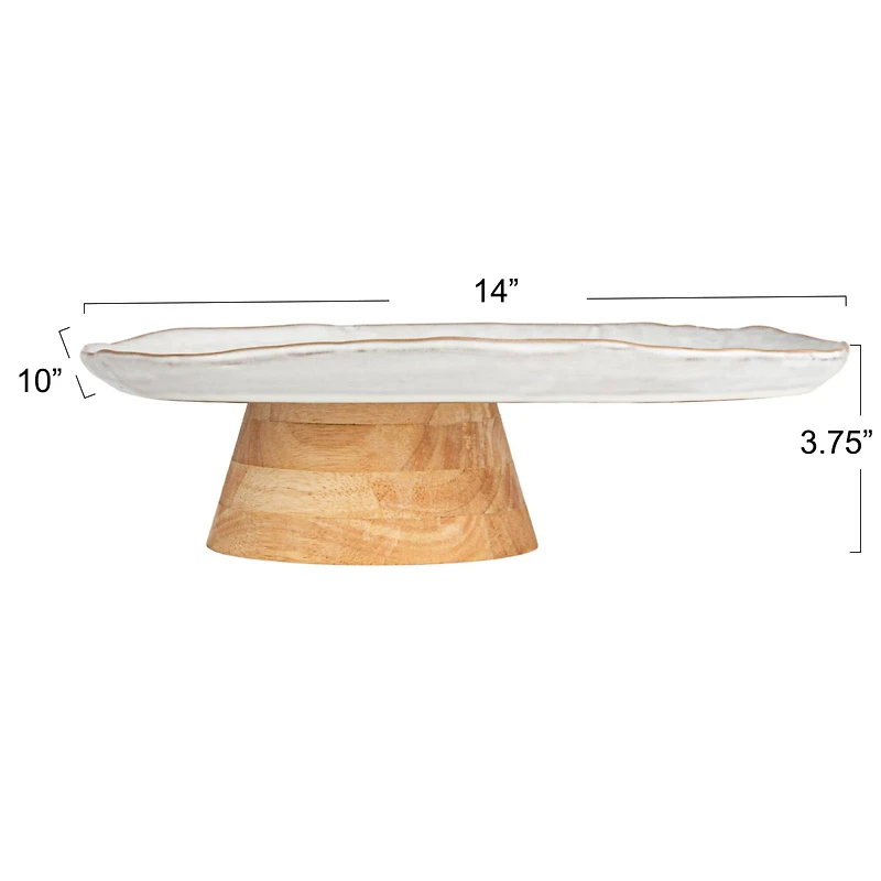 Hello Honey® 13.75" Acacia-Base White Stoneware Elegance Pedestal