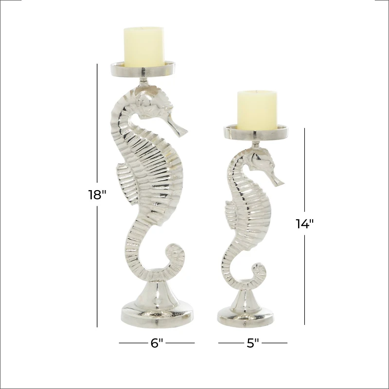 Silver Aluminum Coastal Seahorse Candle Holder Set
