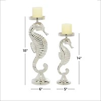 Silver Aluminum Coastal Seahorse Candle Holder Set