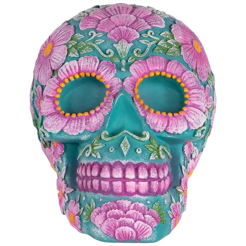 7.75" Blue & Pink Day of the Dead Skull Coin Bank