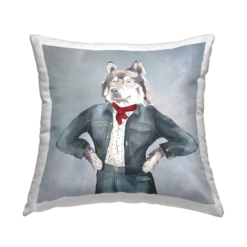 Stupell Industries Trendy Wolf Denim Fashion Outfit Throw Pillow, 18" x 18"