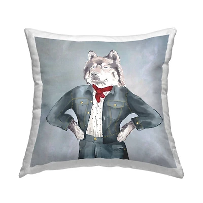 Stupell Industries Trendy Wolf Denim Fashion Outfit Throw Pillow, 18" x 18"