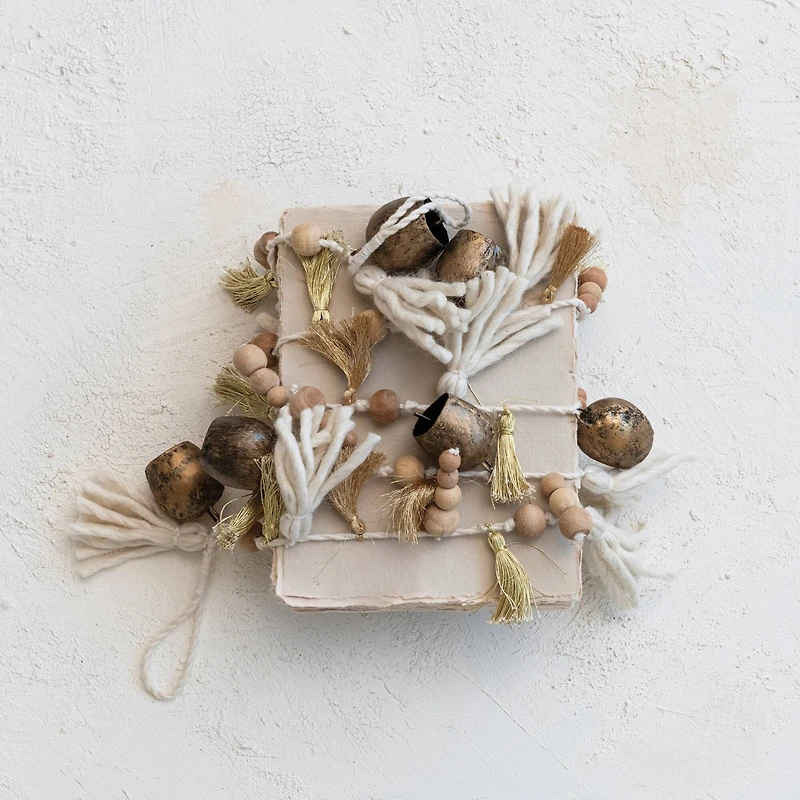 Hello Honey® 6ft. Natural & Antique Brass Handmade Bells, Beads & Tassels Garland