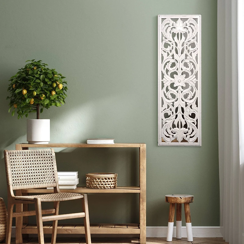 American Art Décor™ 36" Distressed Reflective White Wood Wall Accent Medallion Panel