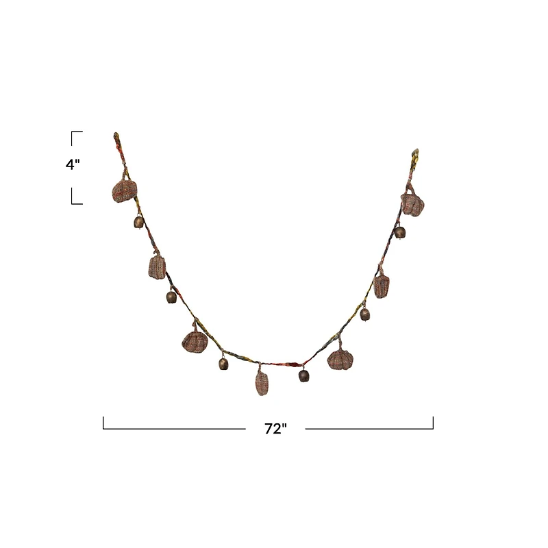 Hello Honey® 6ft. Decorative Hand-Woven Mélange Fabric Pumpkin & Metal Bell Garland