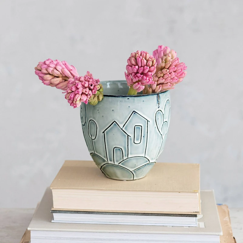 Hello Honey® 5.25" Round Debossed House Design Stoneware Planter