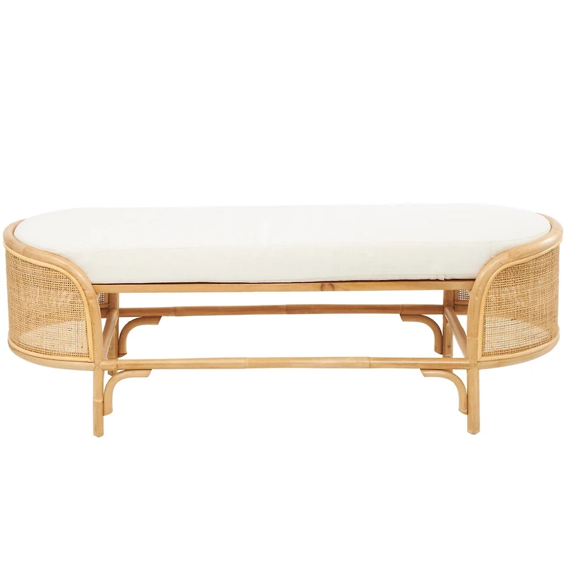 49" Brown Rattan Handmade Oval Bench with White Fabric Cushion