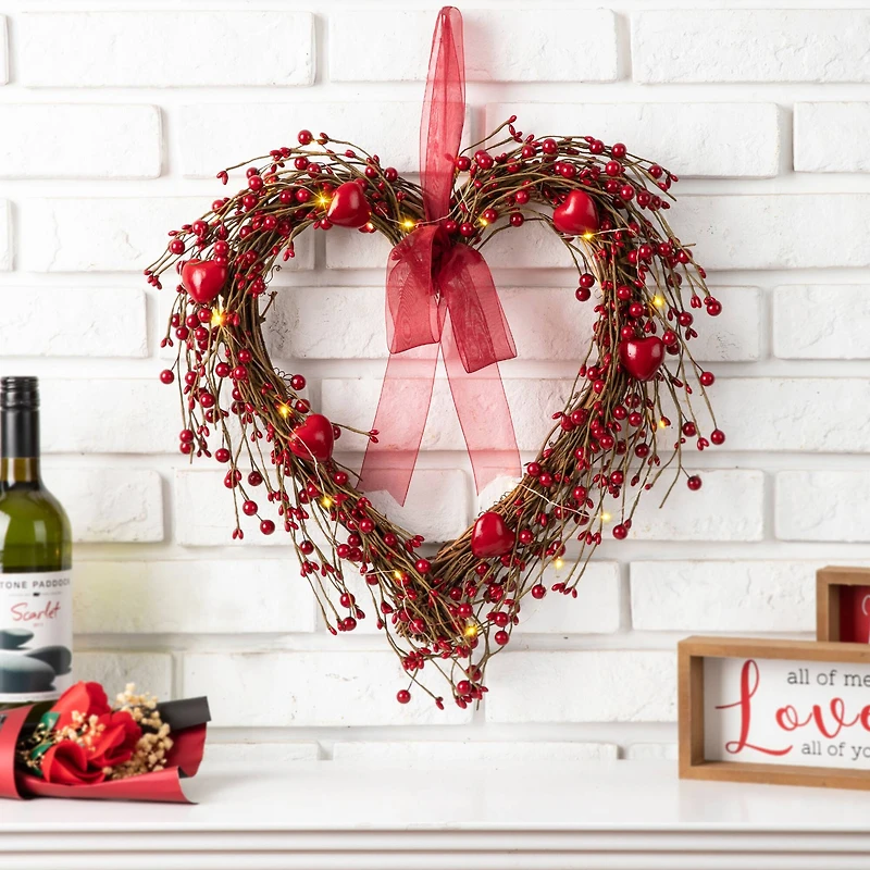 Glitzhome® 17" Lighted Valentine's Berry Heart Wreath