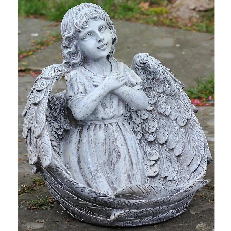 16" Gray Angel Child Wrapped in Wings Outdoor Bird Bath
