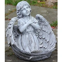 16" Gray Angel Child Wrapped in Wings Outdoor Bird Bath