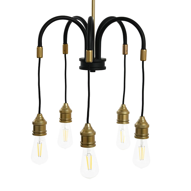 Hello Honey® Robert Stevenson Lighting Harper 19" Black and Brass 5-Light Exposed Bulb 2-Tone Metal Chandelier