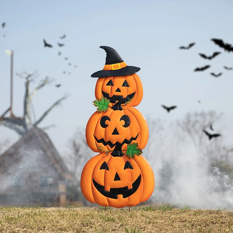 Glitzhome® 3.3ft. Halloween Lighted Metal Stacked Jack-O-Lantern Yard Stake Set