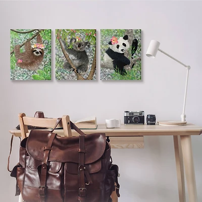 Stupell Industries Tropical Hibiscus Flower Jungle Animals Koala Panda Sloth Canvas Wall Art