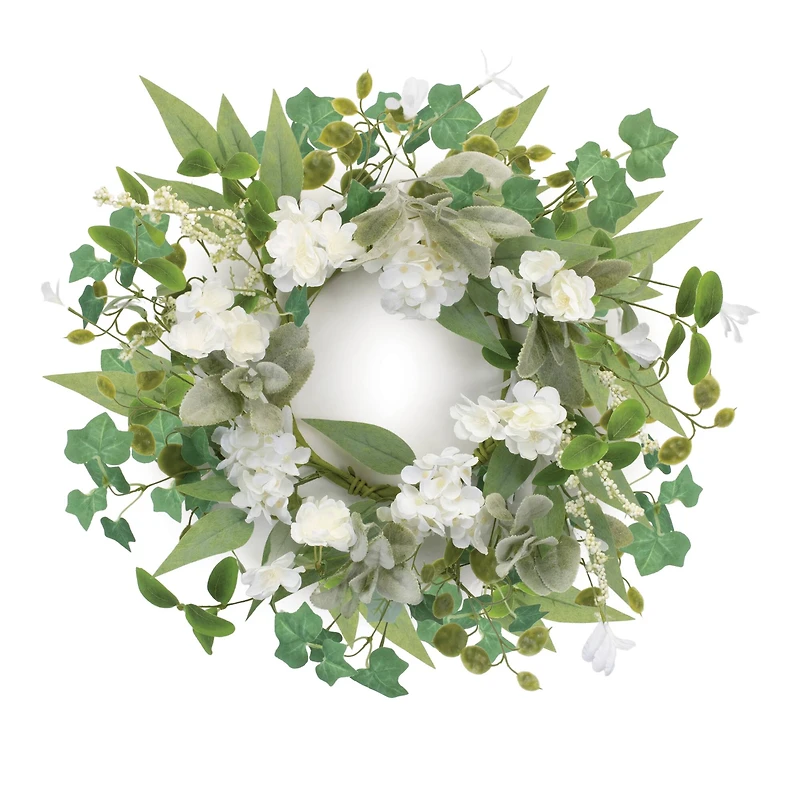 17.5" White Mixed Floral & Foliage Candle Ring
