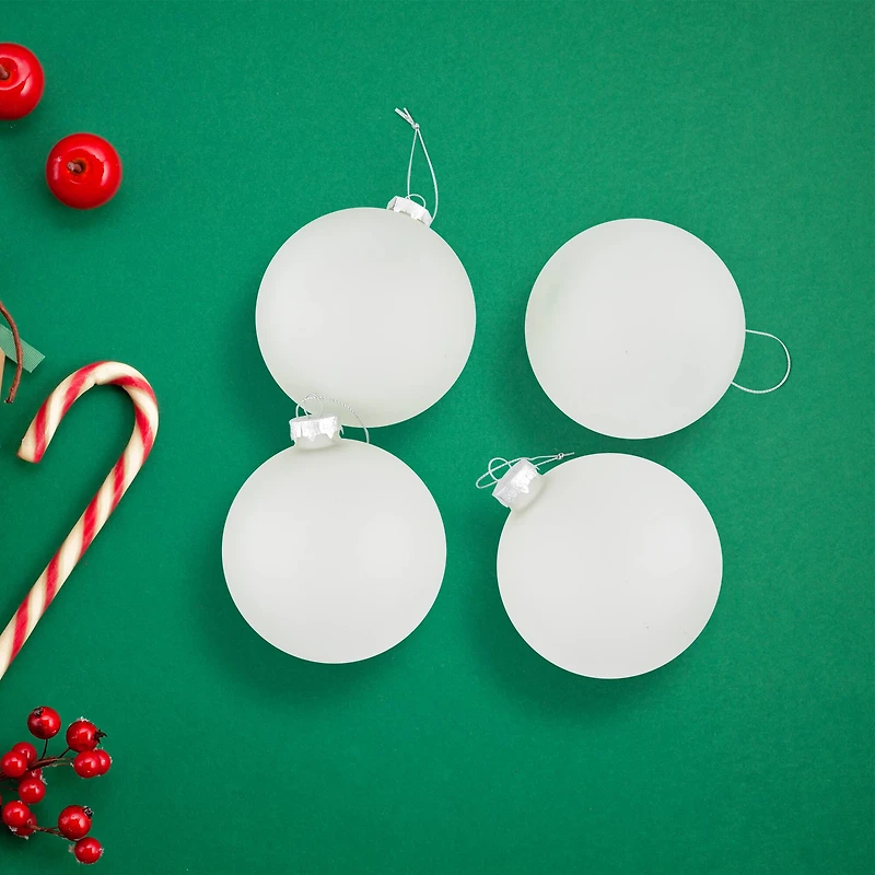 4ct. 4" White & Silver Frosted Matte Glass Ball Ornaments