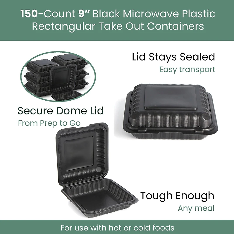 9" Black Single-Compartment Clamshell Take Out Containers, 150ct.