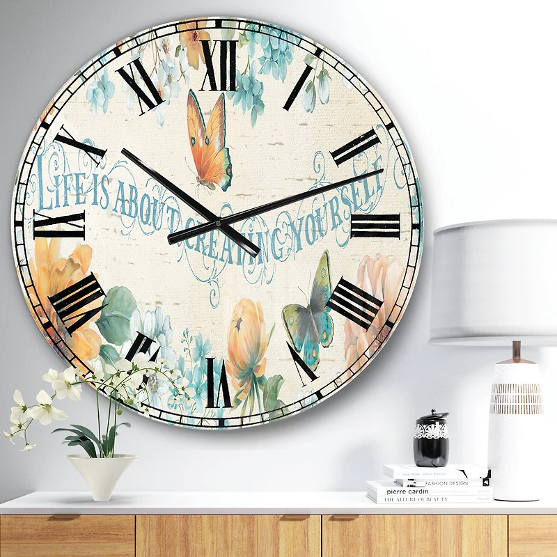 Designart Butterfly Bloom Lovely Quote Farmhouse Wall Clock