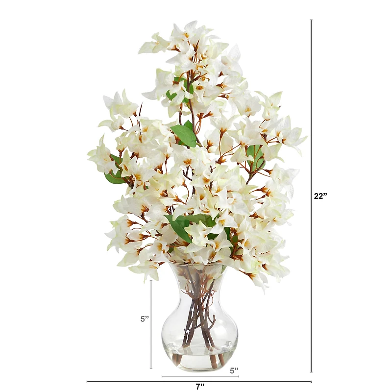 22" Artificial White Bougainvillea Arrangement with Fluted Glass Vase