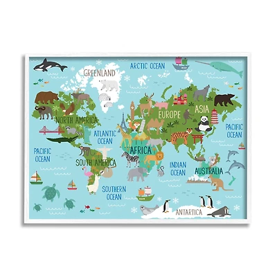 Stupell Industries Kid's Animal World Map Favorite Regional Wildlife in White Frame Wall Art