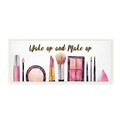 Stupell Industries Wake Up Make Up Watercolor Pink Grey Fashion Word Design Wood Wall Plaque