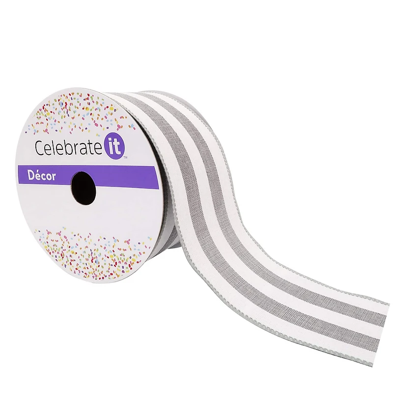2.5" x 25ft. Faux Linen Wired Thick Striped Ribbon by Celebrate It™ Décor