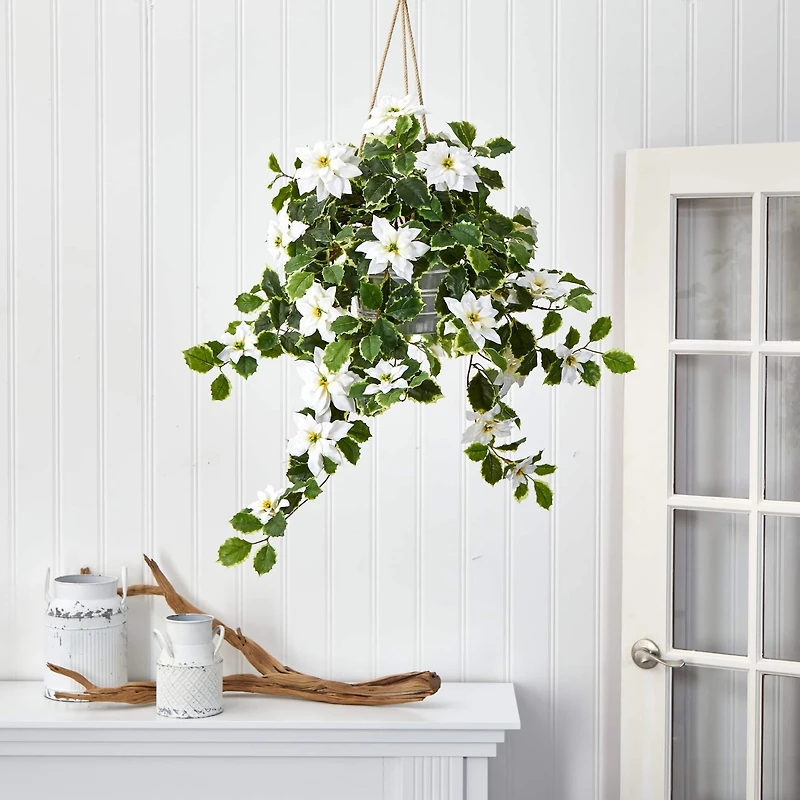 3.5ft. Real Touch Poinsettia and Variegated Holly Artificial Plant in Hanging Metal Bucket