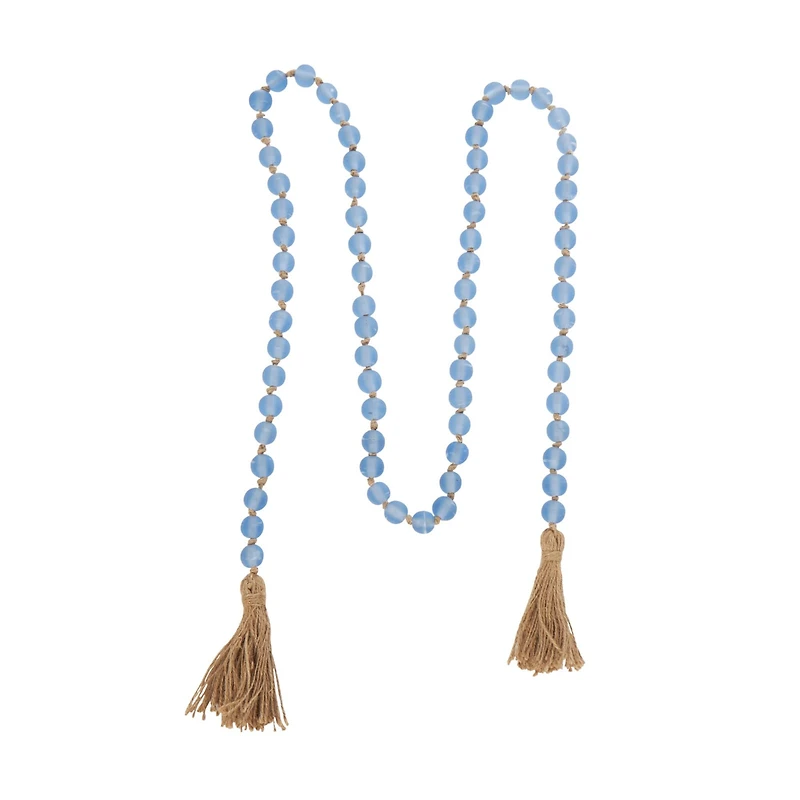 Light Blue Handmade Frosted Glass Beaded Garland with Tassel and Knotted Brown Jute