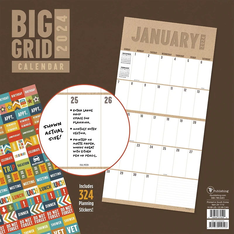 TF Publishing 2024 Big Grid - Kraft Wall Calendar