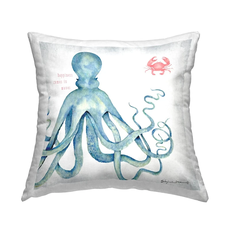 Stupell Industries Happiness Comes In Waves Marine Animals Phrase Throw Pillow, 18" x 18"