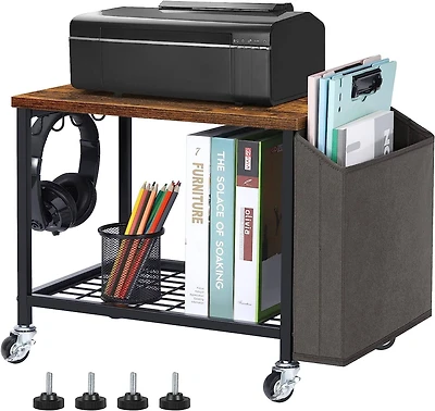 Rustic Brown 2-Tier Printer Cart with Wheels & Storage Bag