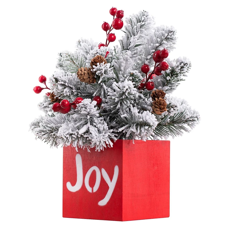 14" LED Joy Frosted Greenery In Red Wood Container