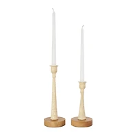 Cream Metal Textured Tapered Taper Candle Holder with Brown Wood Bases Set
