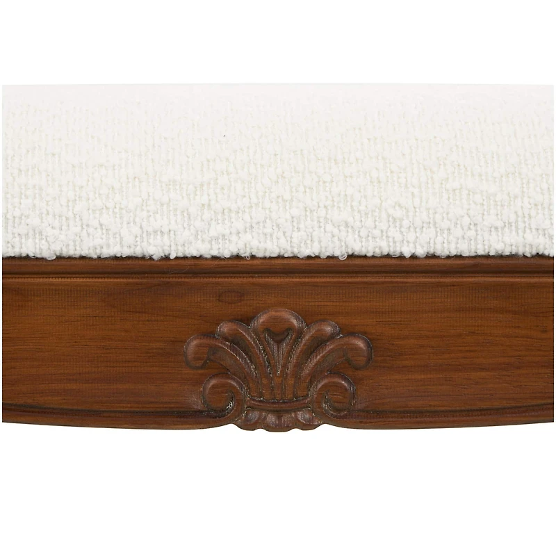 55" Cream Fabric Arm Bench with Brown Traditional Wood Turned Legs