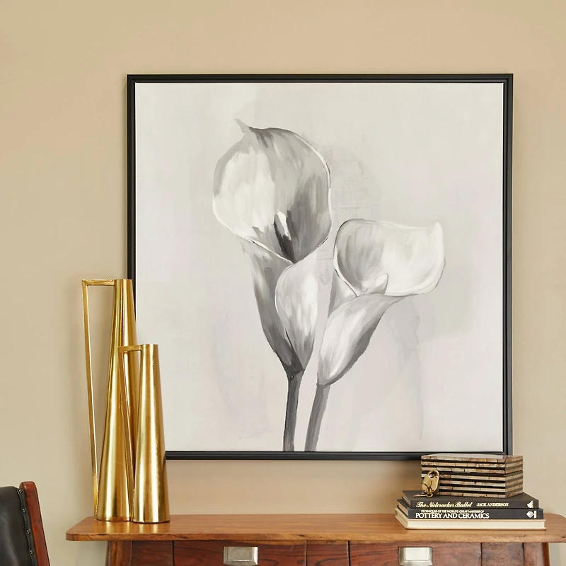 White Canvas Shaded Tulip Floral Framed Wall Art with Black Frame 37" x 1" x 37"