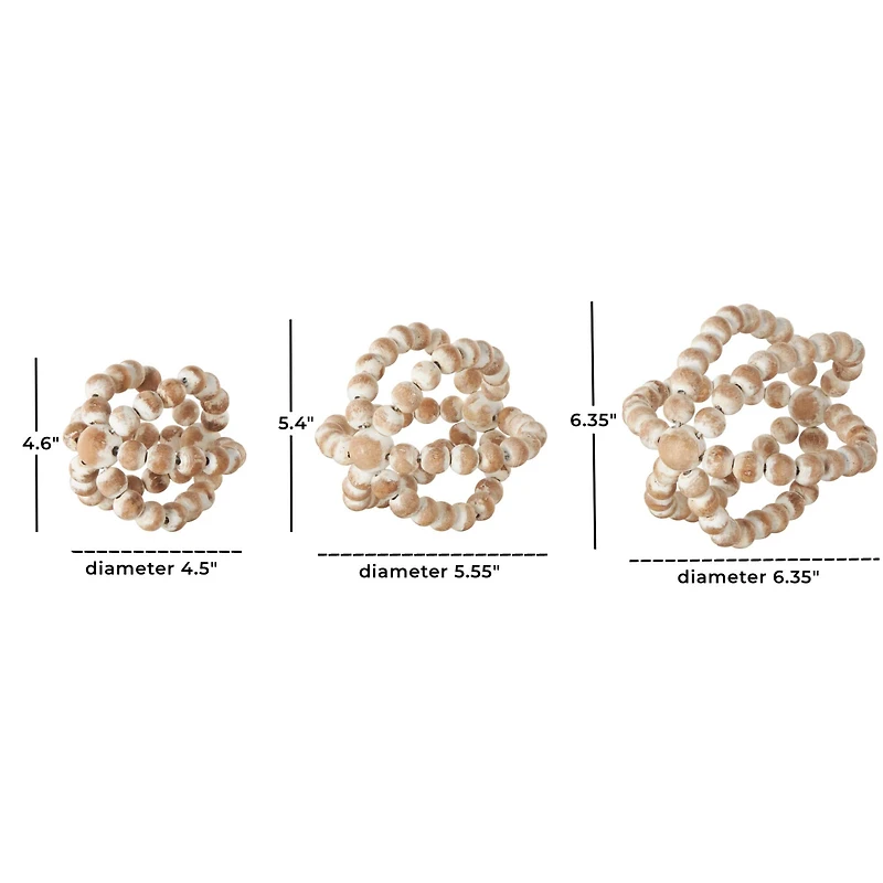 Whitewashed Brown Beaded Knot Wood Sculpture Set