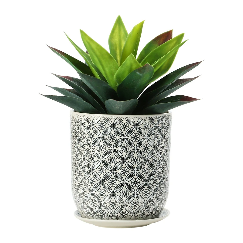 Hello Honey® 7" Black & Cream Hand-Stamped Pattern Stoneware Pot & Saucer Set