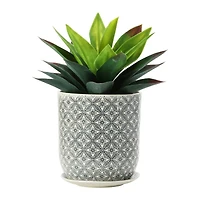 Hello Honey® 7" Black & Cream Hand-Stamped Pattern Stoneware Pot & Saucer Set