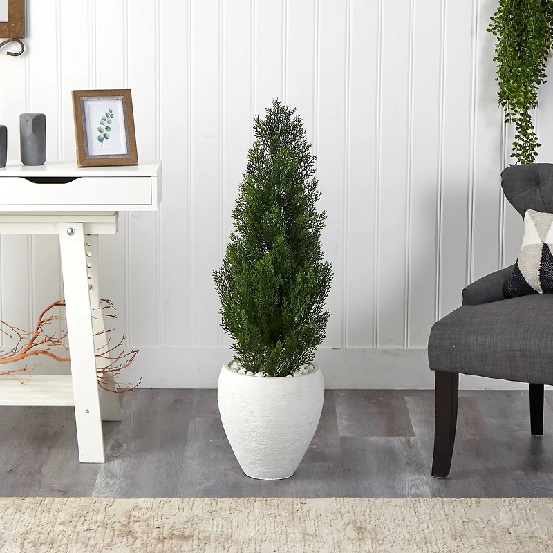 3.5ft. UV Resistant Mini Cedar Artificial Pine Tree in White Planter