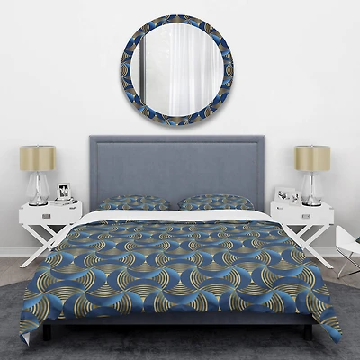 Designart 'Geometric abstract waves in gold and marine blue' Mid-Century Duvet Cover Set