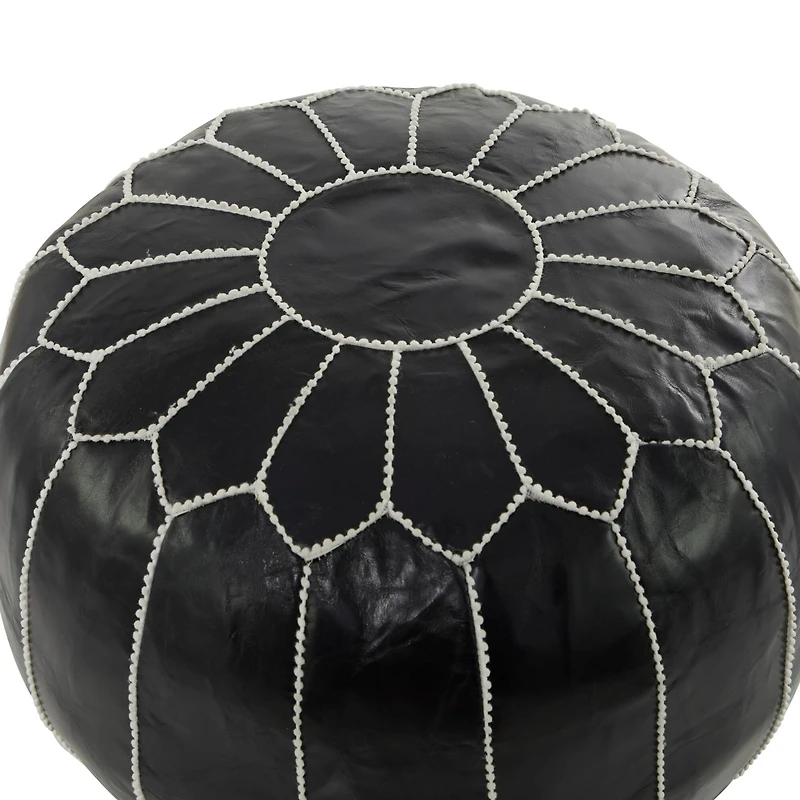 24" Black Leather Moroccan Floral Pouf with White Stitching