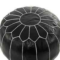 24" Black Leather Moroccan Floral Pouf with White Stitching